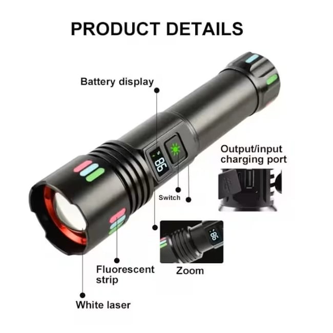 Lanterna LED cu zoom telescopic, P45, reincarcabila, focus ajustabil, 20W, 2000LM, IP43, afisaj baterie, negru