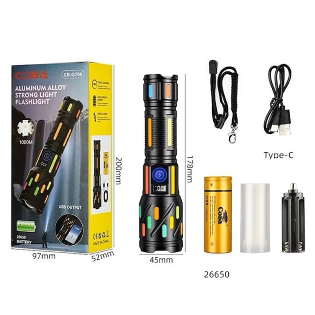 Lanterna de mana cu afisaj digital baterie, 30w, raza de actiune 1000m, acumulator 9600mah, 4.2v 26650