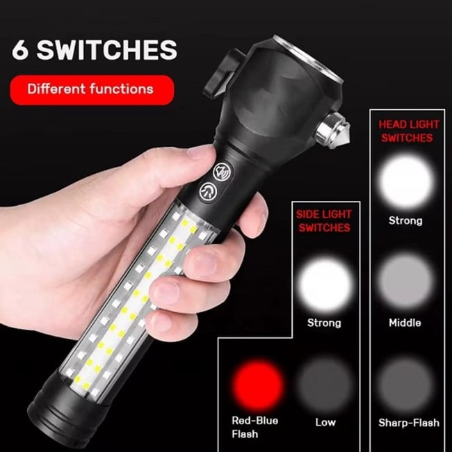 Lanterna reincarcabila, LED, 5 moduri iluminare, 140lm, Type C, magnet, ciocan, sunet de avertizare, 7000k