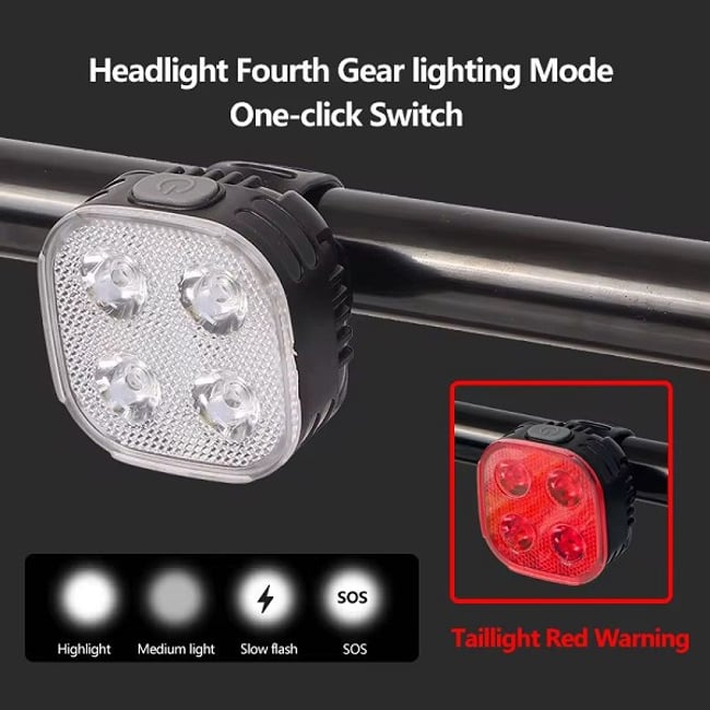 Set lumini pentru bicicleta far, moduri de iluminare, 120lm, lumina stop spate LED, Impermeabil IPX65, Incarcare USB, acumulator incorporat 800 mAh, 4 Leduri, accesorii bicicleta