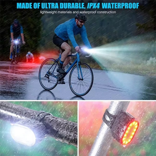 Set lumini pentru bicicleta far, 6 moduri de iluminare, 200lm, lumina stop spate LED, Impermeabil IPX4, Incarcare USB, acumulator incorporat 800 mAh, 2 Leduri, accesorii bicicleta