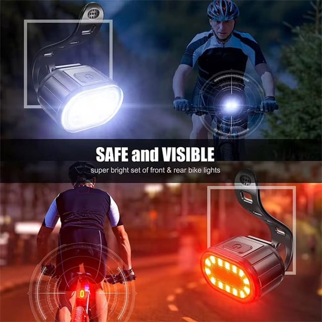 Set lumini pentru bicicleta far, 6 moduri de iluminare, 200lm, lumina stop spate LED, Impermeabil IPX4, Incarcare USB, acumulator incorporat 800 mAh, 2 Leduri, accesorii bicicleta