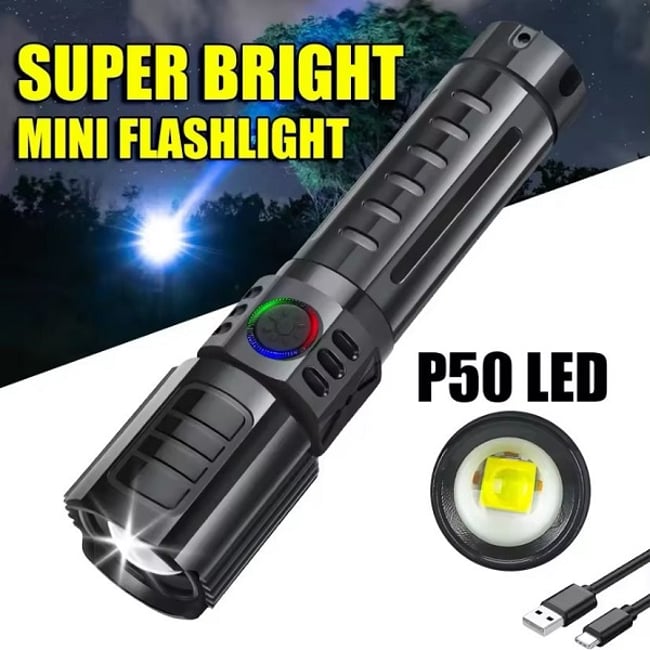 Lanterna reincarcabila, LED, 3 moduri iluminare, type-c, zoom telescopic