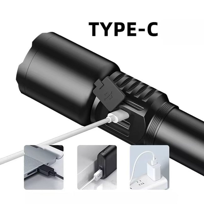 Lanterna reincarcabila, LED, 5 moduri iluminare, 2000lm, Type C, acumulator 26650, zoom, 6500k, aluminiu, Miromoto