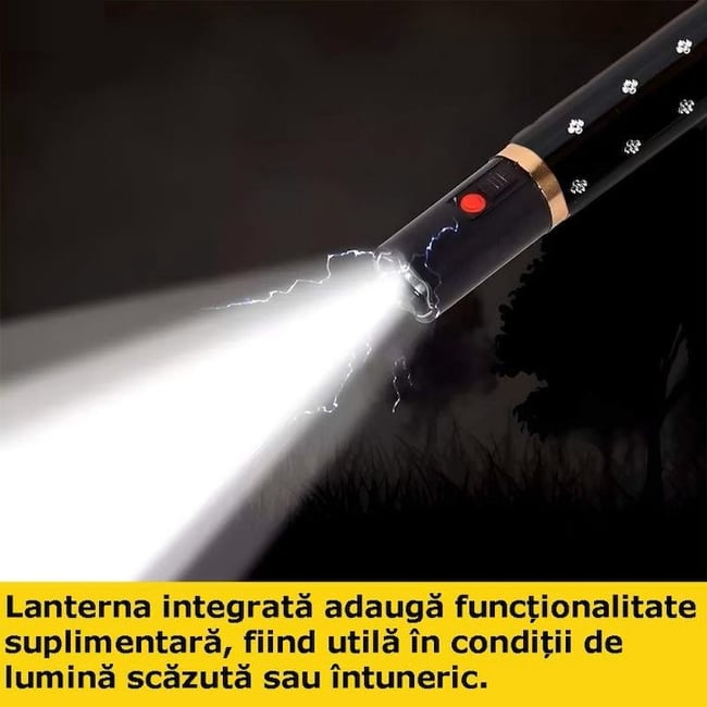 Dispozitiv cu electrosoc profesional pentru autoaparare tip ruj, anti caini, animale sau pasari, cu lanterna, descarcare electrosocuri 5000K volti, reincarcabil USB, negru