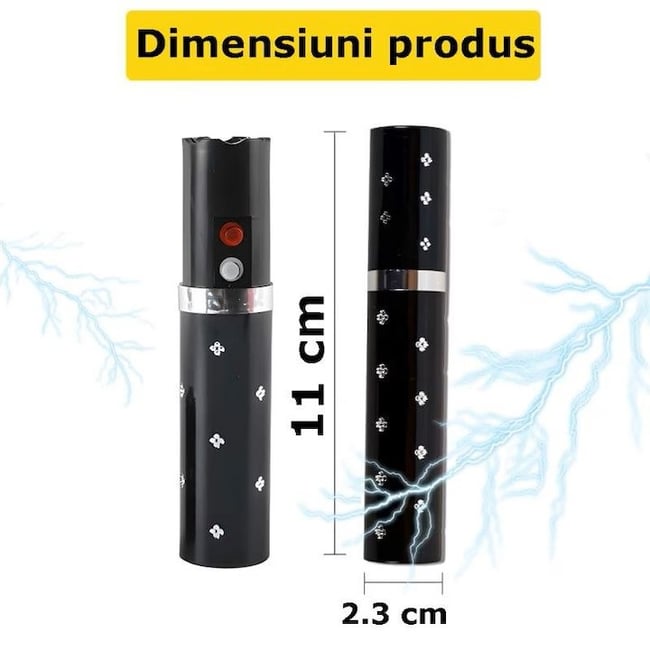 Dispozitiv cu electrosoc profesional pentru autoaparare tip ruj, anti caini, animale sau pasari, cu lanterna, descarcare electrosocuri 5000K volti, reincarcabil USB, negru