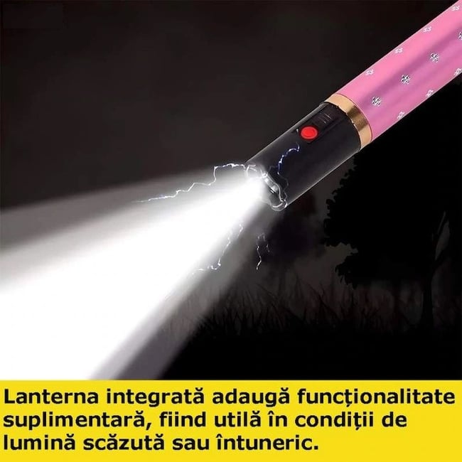 Dispozitiv cu electrosoc profesional pentru autoaparare tip ruj, anti caini, animale sau pasari, cu lanterna, descarcare electrosocuri 5000K volti, reincarcabil USB, roz