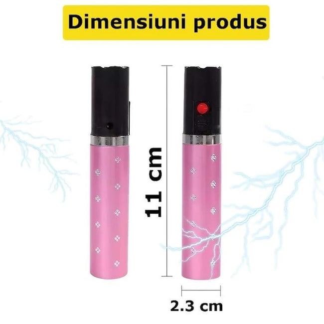 Dispozitiv cu electrosoc profesional pentru autoaparare tip ruj, anti caini, animale sau pasari, cu lanterna, descarcare electrosocuri 5000K volti, reincarcabil USB, roz