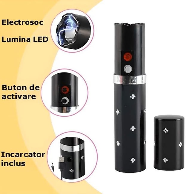 Dispozitiv cu electrosoc profesional pentru autoaparare tip ruj, anti caini, animale sau pasari, cu lanterna, descarcare electrosocuri 5000K volti, reincarcabil USB, negru
