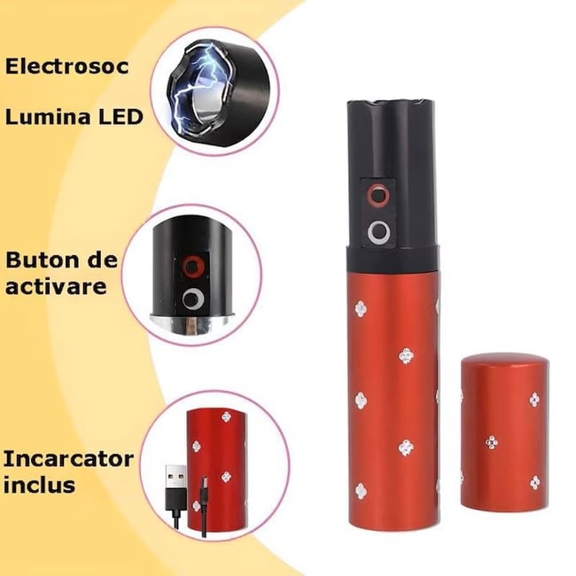 Dispozitiv cu electrosoc profesional pentru autoaparare tip ruj, anti caini, animale sau pasari, cu lanterna, descarcare electrosocuri 5000K volti, reincarcabil USB, rosu