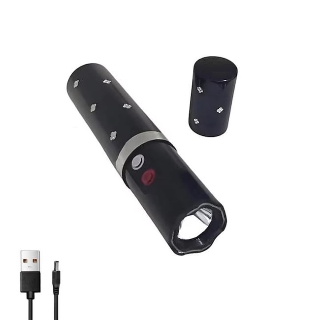 Dispozitiv cu electrosoc profesional pentru autoaparare tip ruj, anti caini, animale sau pasari, cu lanterna, descarcare electrosocuri 5000K volti, reincarcabil USB, negru