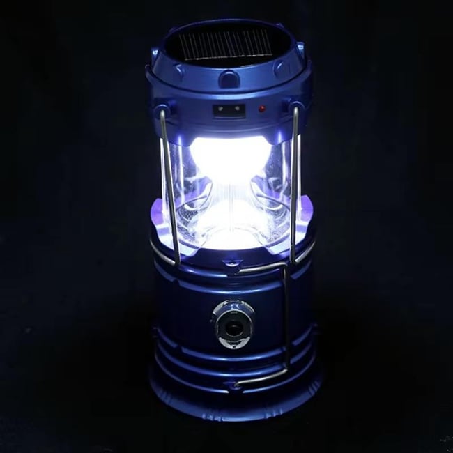 Lanterna tip Felinar 2 in 1 LED pentru Camping, cu incarcare solara sau priza, functie power bank, albastru