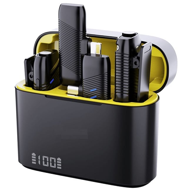 Microfon lavaliera 2in1, wireless cu transmițătoare duale și carcasă de încărcare, tehnologie de transmisie 2,4 GHz și reducerii zgomotului ambiental încorporate, interviuri, streaming, portabile