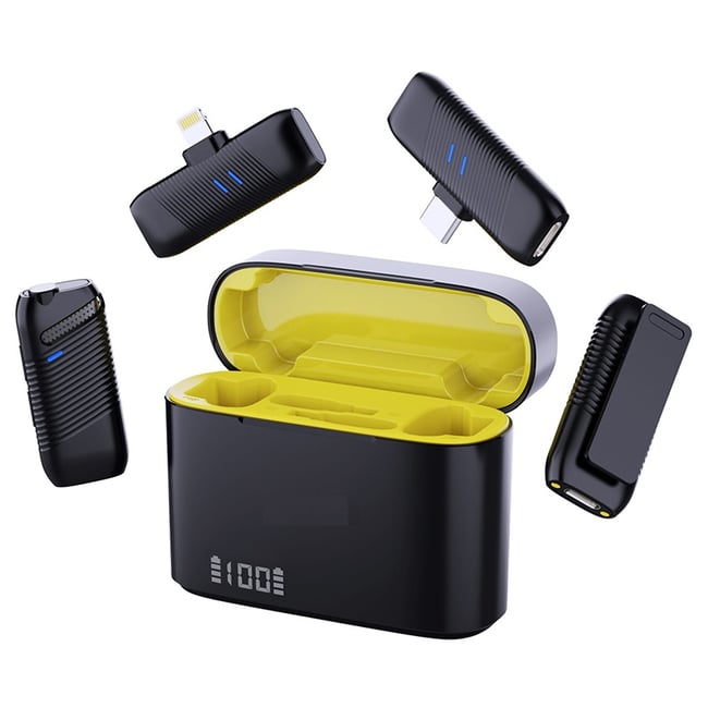 Microfon lavaliera 2in1, wireless cu transmițătoare duale și carcasă de încărcare, tehnologie de transmisie 2,4 GHz și reducerii zgomotului ambiental încorporate, interviuri, streaming, portabile