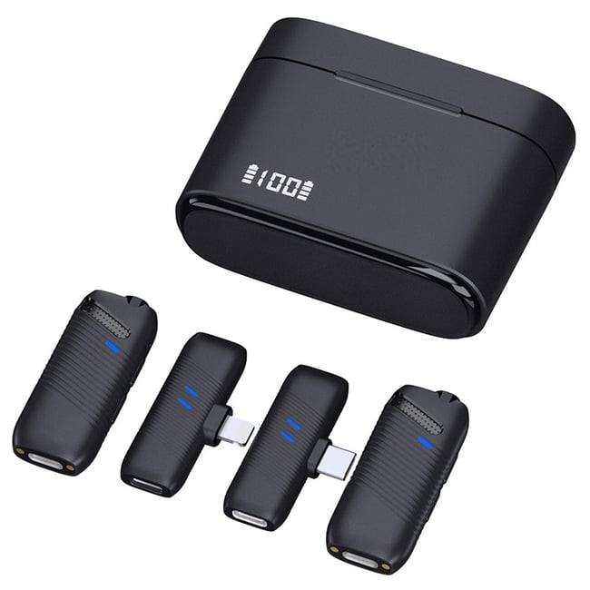 Microfon lavaliera 2in1, wireless cu transmițătoare duale și carcasă de încărcare, tehnologie de transmisie 2,4 GHz și reducerii zgomotului ambiental încorporate, interviuri, streaming, portabile