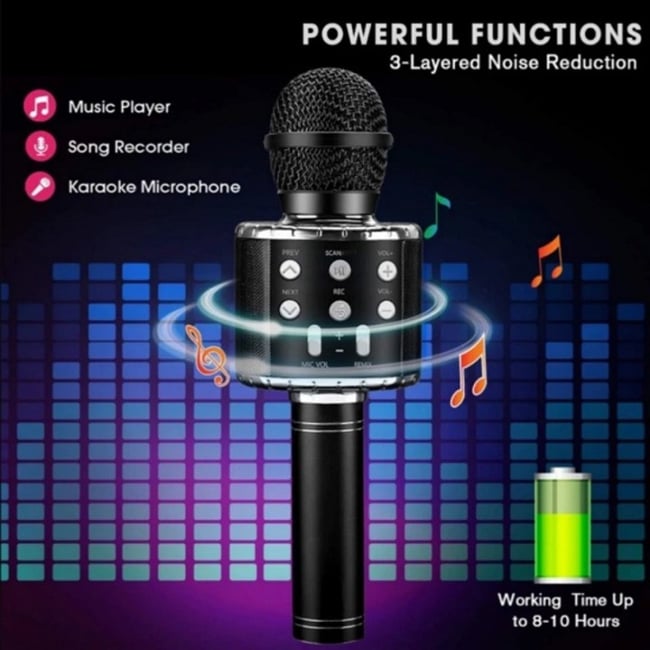 Microfon karaoke cu bluetooth si boxa incorporata, compatibil Android si IOS, acumulator integrat, negru