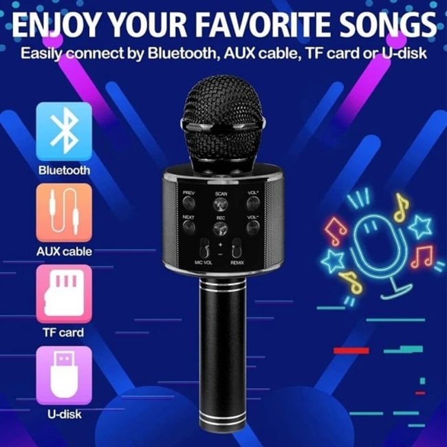 Microfon karaoke cu bluetooth si boxa incorporata, compatibil Android si IOS, acumulator integrat, negru