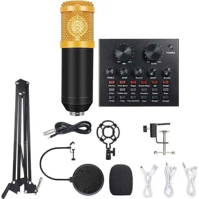 Set Microfon Profesional plus Mixer pentru inregistrare muzica, audiobook-uri sau podcasturi, Negru