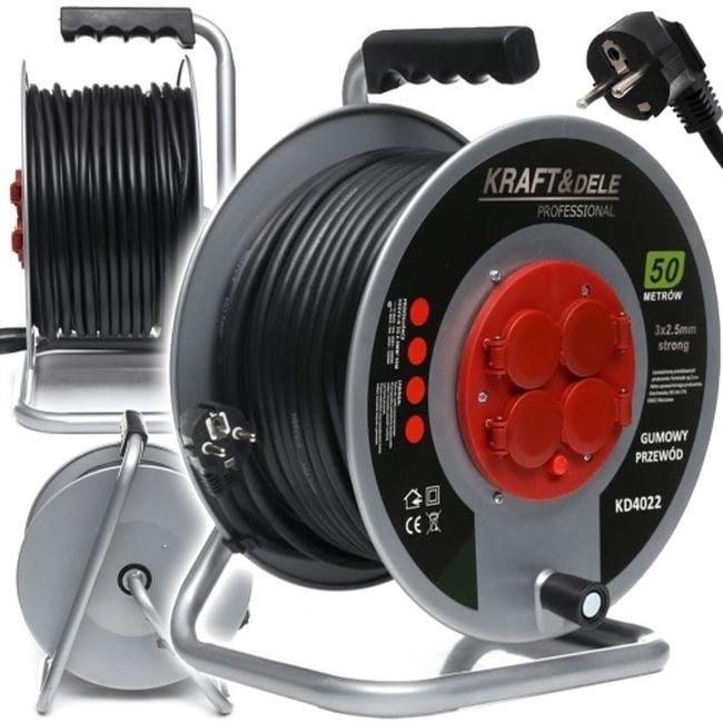 Prelungitor electric pe tambur, Kraft&Dele KD4021, 4 prize, 30 m, 3 x 2.5 mmp, Tambur metalic