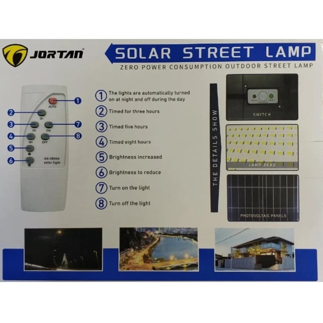 Lampa solara stradala cu panou solar si telecomanda, 800 W, Jortan JT-BKRT-800W, suport metalic, rezistent la apa