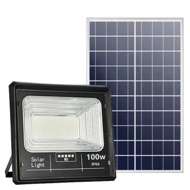 Proiector cu panou solar Jortan, 100 W, IP67, 6500 K, cu telecomanda inclusa si senzor de lumina