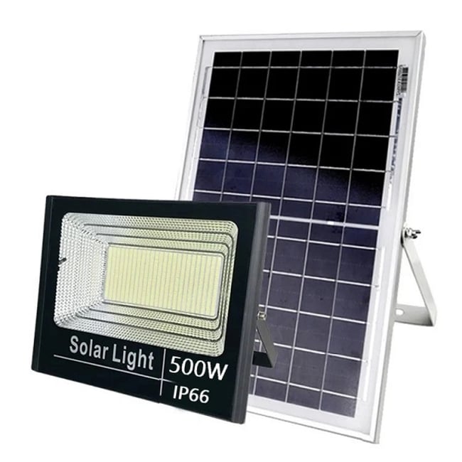 Proiector cu panou solar, 500 W, IP66, 6500 K, cu telecomanda inclusa si senzor de lumina