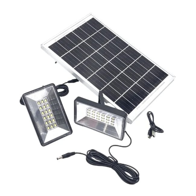 Panou solar 10W cu acumulator 9600mAh, portabil, cu 2 proiectoare de 9w, tensiune intrare 5V, functie baterie externa, negru