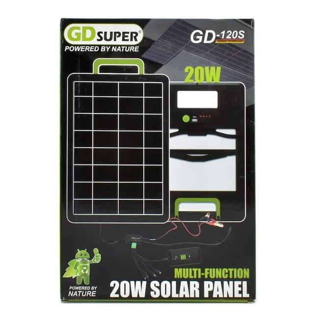 Panou solar 20W cu acumulator 2400mAh, GD-120S, portabil, ABS, cu cabluri de incarcare device-uri, 37x38 cm, negru
