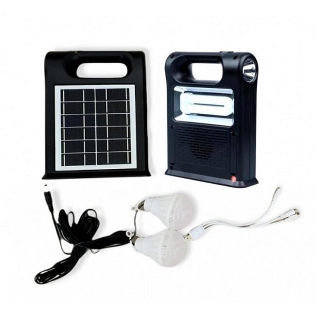 Kit Panou Solar 30W, Acumulator Lithium, 1 x USB, Lanterna, 2 Becuri Incluse, Radio FM, Bluetooth