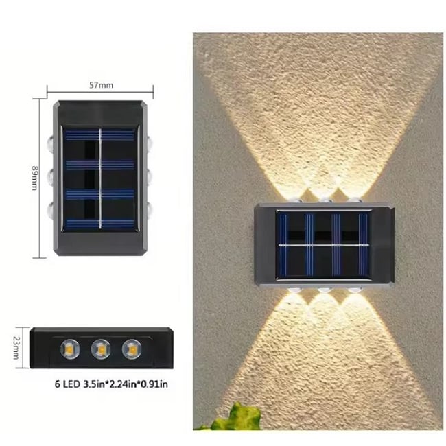 Lampa solara de perete, buton on-off, lumina calda, ip65, 6 led-uri, unghi 120 grade, 25 lumeni