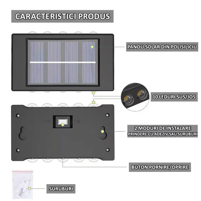 Lampa solara de perete, buton on-off, lumina calda, ip65, 10 led-uri, unghi 120 grade, 50 lumeni