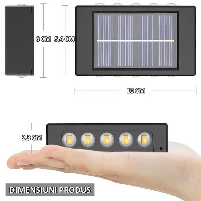 Lampa solara de perete, buton on-off, lumina calda, ip65, 10 led-uri, unghi 120 grade, 50 lumeni