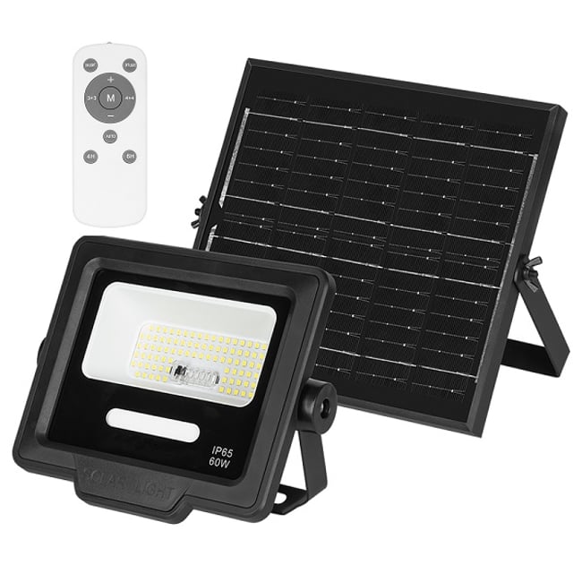Proiector LED cu panou solar si telecomanda, 60w, IP65, 6800k, acumulator 4000mah, 500lm