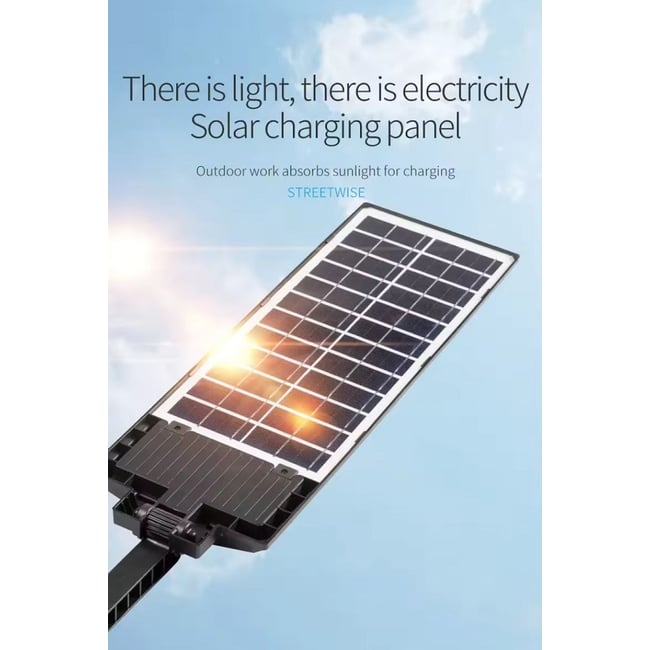 Lampa solara stradala cu panou solar si telecomanda, 100W, suport incorporat, 12 celulele led, rezistent la apa ip66, senzor de miscare si lumina