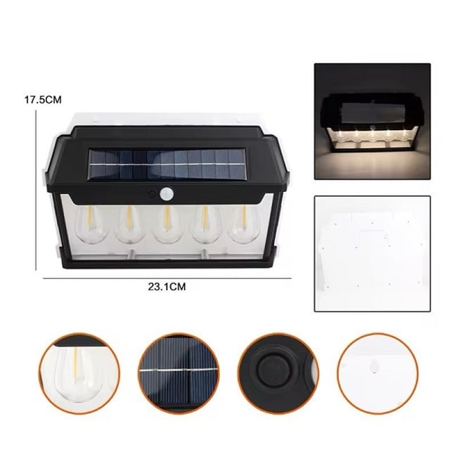Lampa solara de perete cu senzor de miscare, 65W, 5 becuri Led, IP65, Acumulator 3.7v