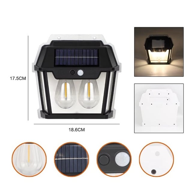Lampa solara de perete cu senzor de miscare, 28W, 2 becuri Led, IP65, Acumulator 3.7v