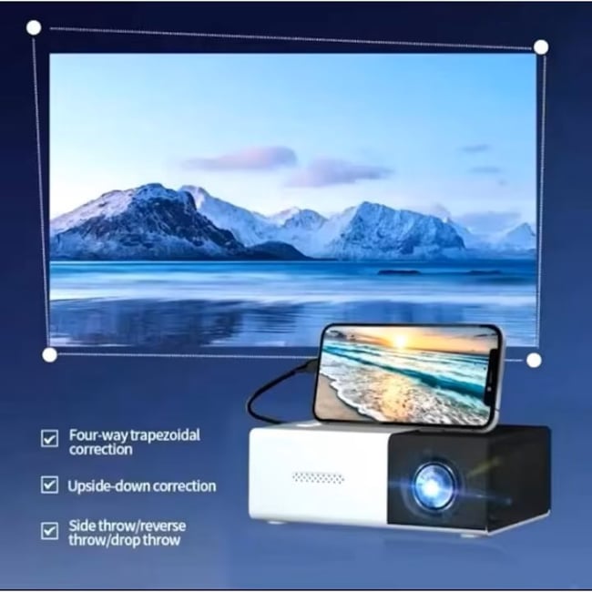 Videoproiector portabil, proiectie 24-80 inch, rezolutie 1080P suportata, TFT LCD, alb/galben