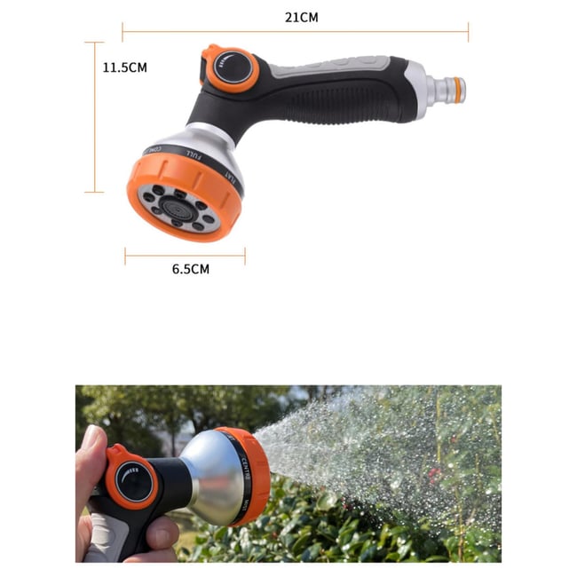 Set pistol pentru stropit, cu 8 functii, reglabil, 5 piese, ergonomic, pentru udat/stropit, plastic, Negru/Portocaliu