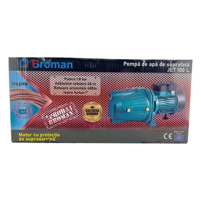 Pompa hidrofor Broman JET100L, 1800 W, 60 l/min, refulare 48 m, aspiratie 9 m, corp fonta