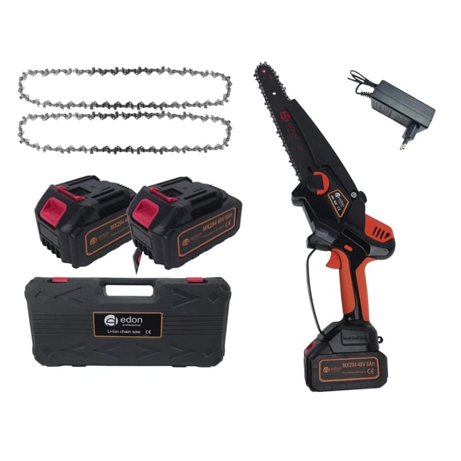 Mini drujba cu acumulator, Edon MX294, 48 V, 8 Ah, 2 baterii, afisaj LED, valiza transport, Lama+ 2 Lanturi 8"
