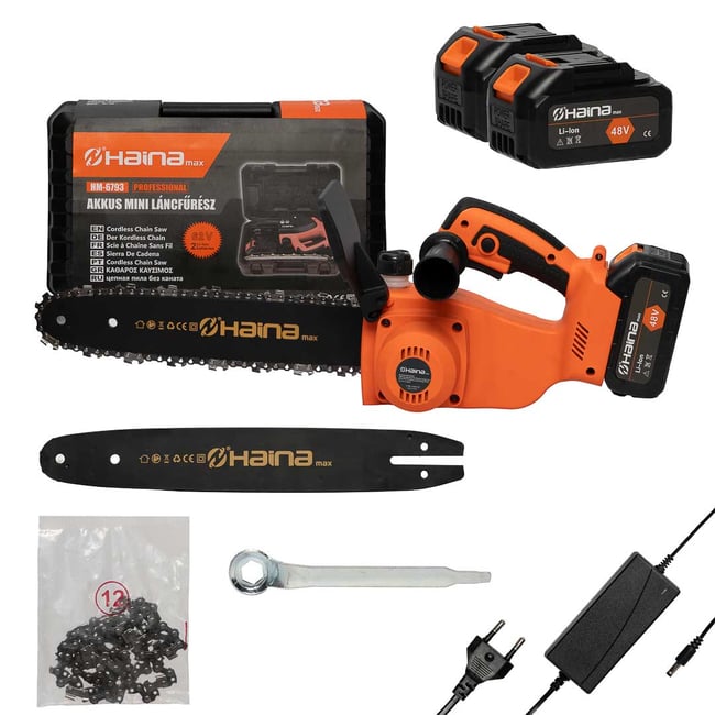 Drujba cu acumulator, Haina HM-6793, 2 baterii 48 V Li-ion, 4 AH, 5500 RPM, lungime sina 30 cm