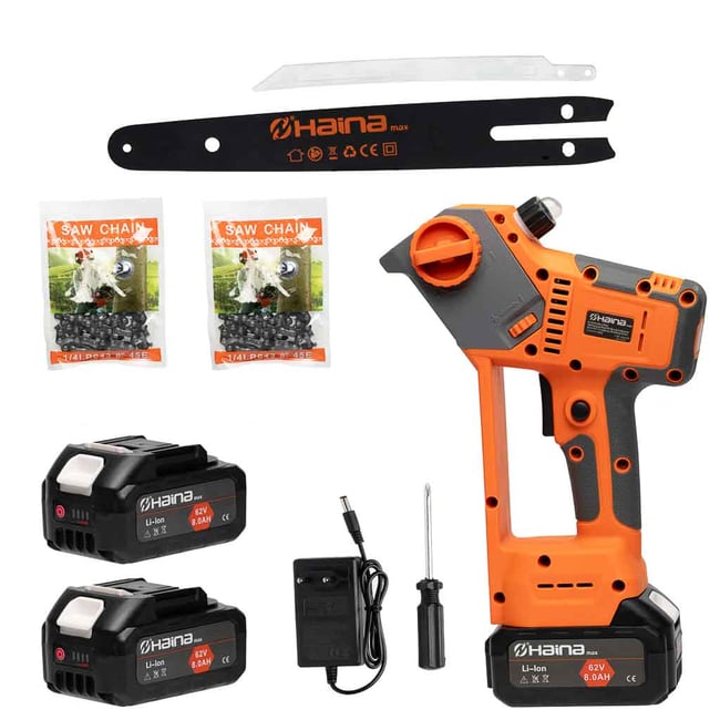 Mini drujba cu acumulator, Haina HM-6800, 62 V, 2 baterii, lungime sina 8 inch, lant rezerva