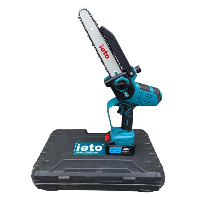 Mini drujba cu acumulator, Ieto, 48 V, 2 baterii, afisaj led, valiza transport, lama 8'', pompita de ungere