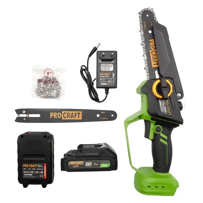 Mini drujba cu acumulator PROCRAFT PKA46, 20 V, 2 Ah, 2 acumulatori, cu doua lame 6'' si 8'', doua lanturi