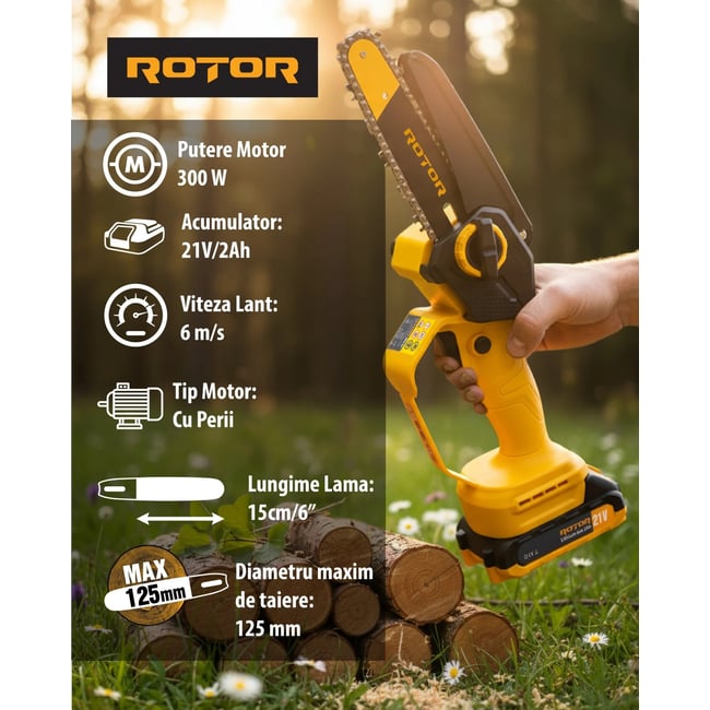 Mini drujba cu acumulator, Rotor RBS-62, 1 acumulator, 21V, 2Ah, 300 W, 1 lant rezerva
