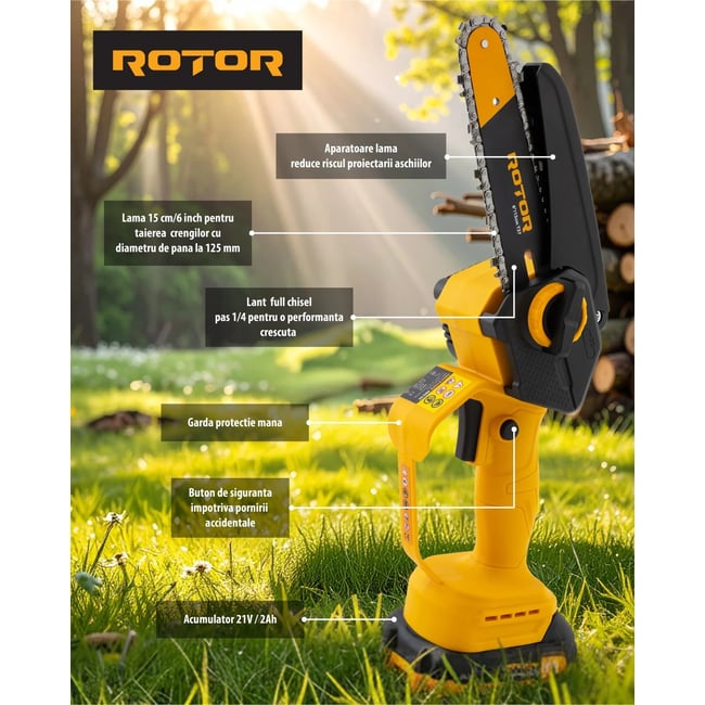 Mini drujba cu acumulator, Rotor RBS-62, 1 acumulator, 21V, 2Ah, 300 W, 1 lant rezerva