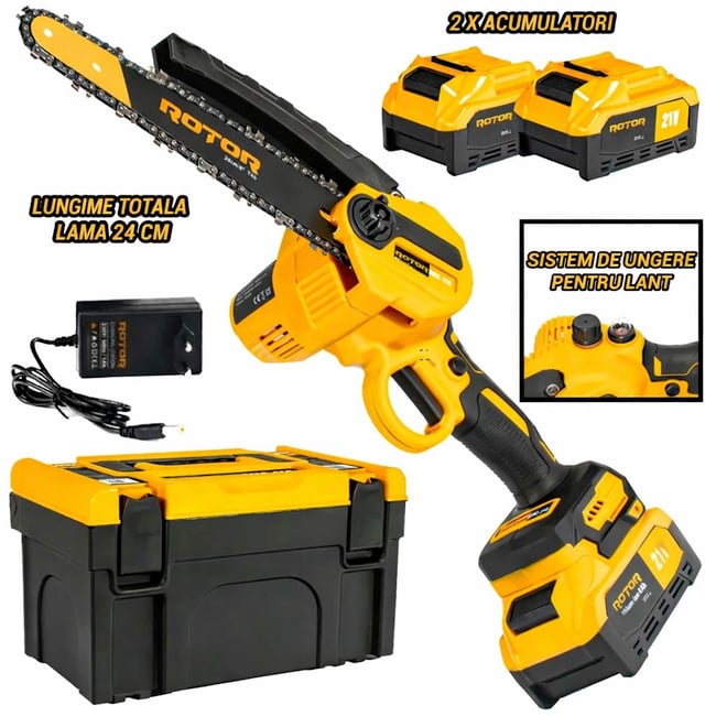 Mini drujba cu acumulator, Rotor RMC218, 2 Acumulatori, 21V, 4Ah, 500W 2 lanturi