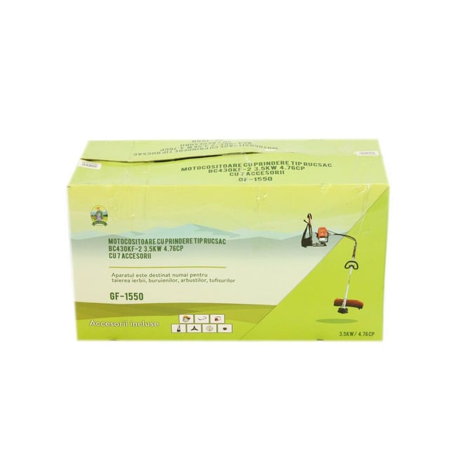 Motocoasa cu prindere tip rucsac Micul Fermier GF-1550, motor 2 timpi, 3.5 kW, 4.76 CP, 7 accesorii, tija flexibila