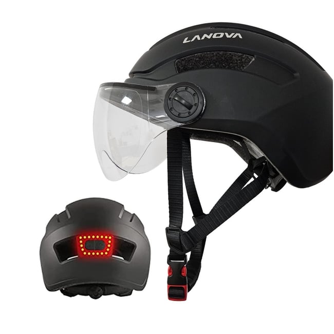 Casca trotineta cu leduri incorporate, baterie reincarcabila, viziera, negru mat