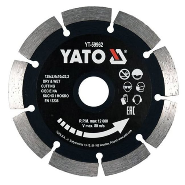 Disc diamantat de taiere segmentat, 125x22.2x2 mm, taiere umeda si uscata, Yato YT-59962